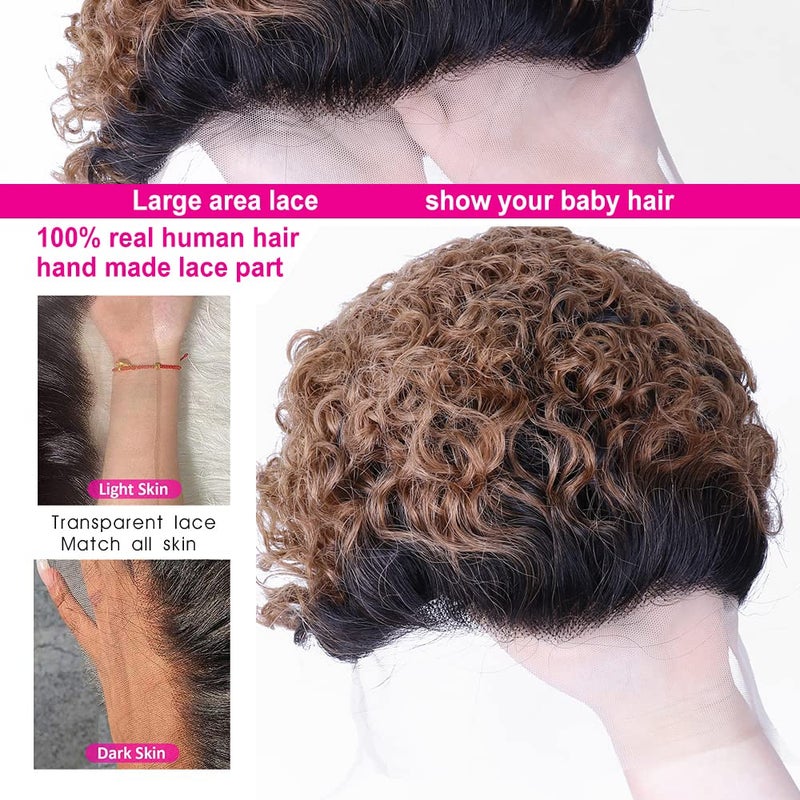 Ali Bling Blonde Pixie Cut Wig - 13X1 Pixie Cut Lace Front Wigs - Short Curly Human Hair Wigs for Black Women - Pre Plucked Glueless Wigs - Ombre Brown Highlight Wigs - Image 3